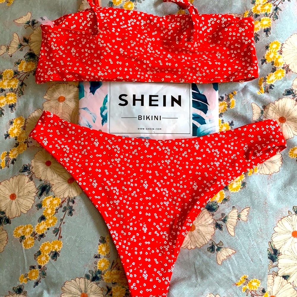 NWT Shein Red Ditsy Floral Bandeau Shoulder Tie Bikini Bathing Suit Set Size L